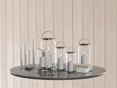 Candle Lanterns With Glass Jars Metal Candles On Black Round Tray Light Wooden Background 3d model