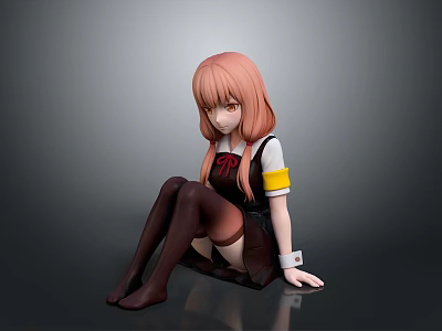 Anime Girl Figure With Pink Hair Black Dress Brown Stockings Sitting On Gray Background 3d model