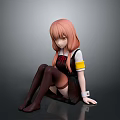 Anime Girl Figure With Pink Hair Black Dress Brown Stockings Sitting On Gray Background