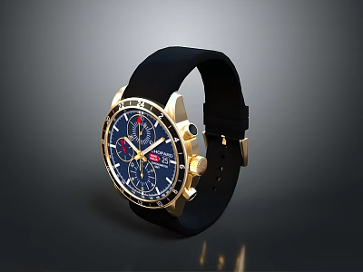 Luxury Chronograph Watch With Black Strap Gold Case Blue Dial And Red Accents 3d model