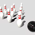 Bowling Sports Equipment with White Red Striped Pins and Black Ball Arranged for Play