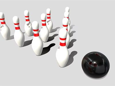 Bowling Sports Equipment with White Red Striped Pins and Black Ball Arranged for Play 3d model