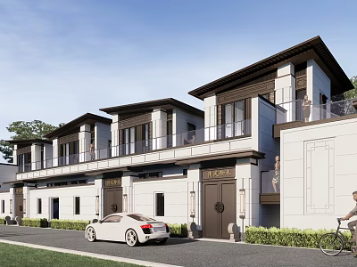 Modern Townhouse Exterior Design With Balconies Parked Car Street And Greenery 3d model