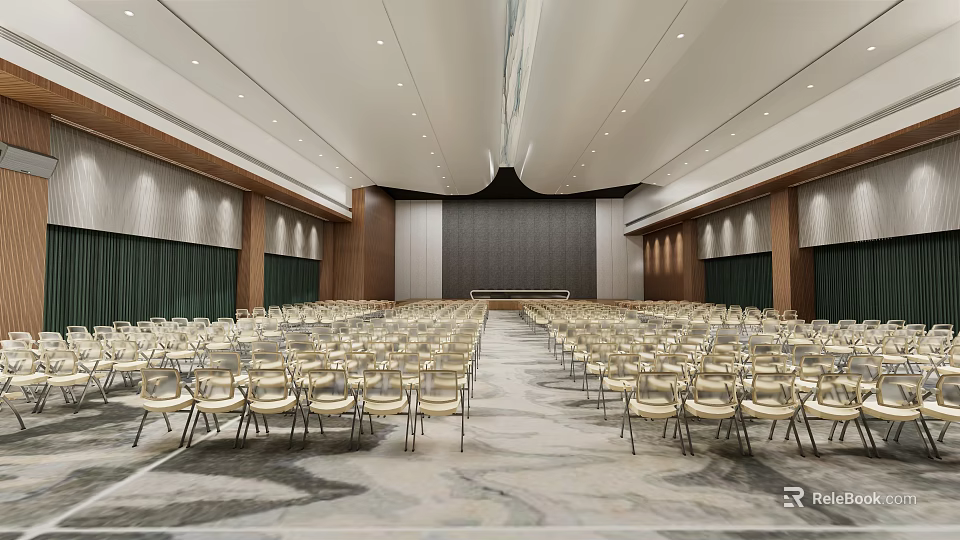 Spacious Modern Conference Room With Arranged Chairs Wooden Walls And Marble Carpet 3d model 