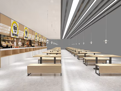 Modern Canteen Interior With Wooden Tables Benches And Food Stalls 3d model
