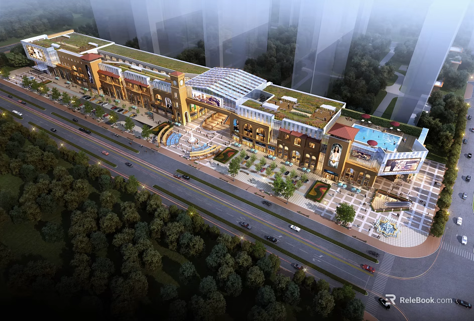 Modern Commercial Street With Green Landscaping Shopping Malls And High Rise Buildings 3d model 