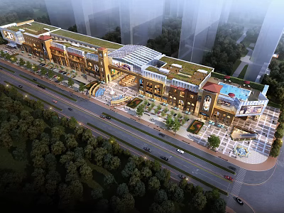 Modern Commercial Street With Green Landscaping Shopping Malls And High Rise Buildings 3d model