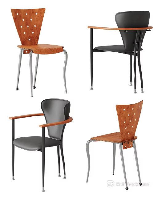 Modern Dining Chairs With Wooden Seats Metal Legs Armrest And Perforated Back Designs 3d model 