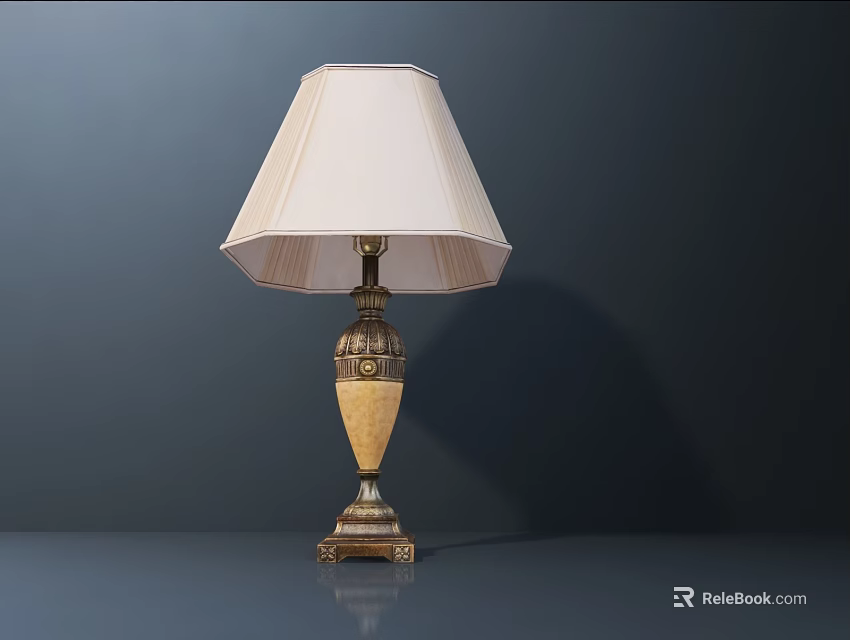 Cream Lampshade Table Lamp With Gold Beige Carved Column And Gold Base On Dark Background 3d model 