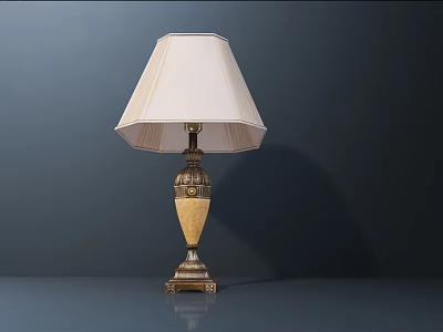 Cream Lampshade Table Lamp With Gold Beige Carved Column And Gold Base On Dark Background 3d model