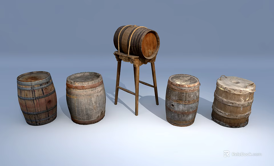 Vintage Wooden Barrels For Home Storage With Stand And Rustic Design 3d model 