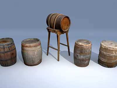 Vintage Wooden Barrels For Home Storage With Stand And Rustic Design 3d model