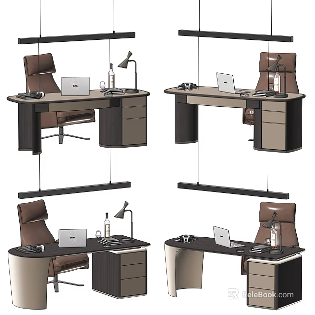 Contemporary Work Desk Setup With Comfortable Chair Laptop Desk Lamp And Storage Drawers 3d model 