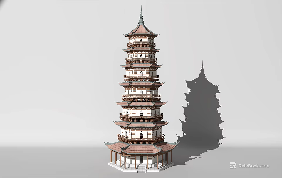 Traditional Chinese Pagoda with Multiple Floors Wooden Structure Curved Eaves Design and Shadow 3d model 