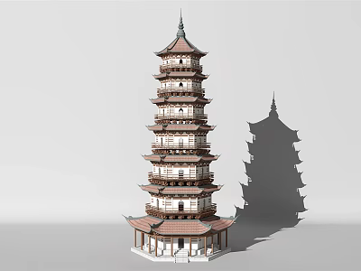 Traditional Chinese Pagoda with Multiple Floors Wooden Structure Curved Eaves Design and Shadow 3d model