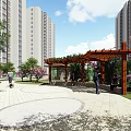 Residential Landscape With High Rise Buildings Green Trees And Children Play Area