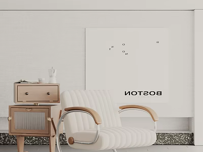 White Leisure Chair with Wooden Armrests Beside Wooden Drawer Cabinet and Boston Wall Art 3d model