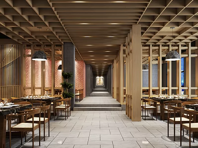 Traditional Restaurant Interior With Wooden Ceiling Long Corridor Brick Walls And Pendant Lights 3d model