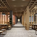 Traditional Restaurant Interior With Wooden Ceiling Long Corridor Brick Walls And Pendant Lights