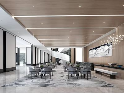 Modern Leisure Area Interior With Wooden Ceiling Chandelier Tables Chairs Decorative Painting And Large Windows 3d model
