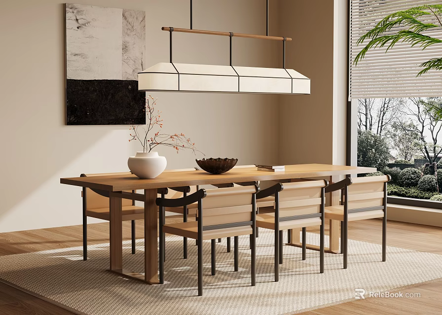 Modern Tea Room Interior With Wooden Table Chairs Hanging Lamp And Decorative Painting 3d model 