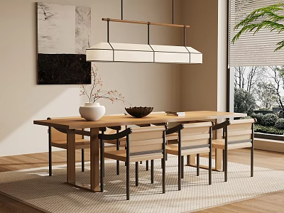 Modern Tea Room Interior With Wooden Table Chairs Hanging Lamp And Decorative Painting 3d model