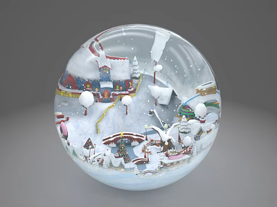 Decorative Ornament Set with Snow Globe Snow Scene Small Houses Street Lamps and Figures 3d model