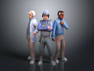 Three Diverse Game Movie Characters Animated Designs With White Coat Blue Uniform Helmet Different Poses 3d model
