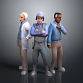 Three Diverse Game Movie Characters Animated Designs With White Coat Blue Uniform Helmet Different Poses