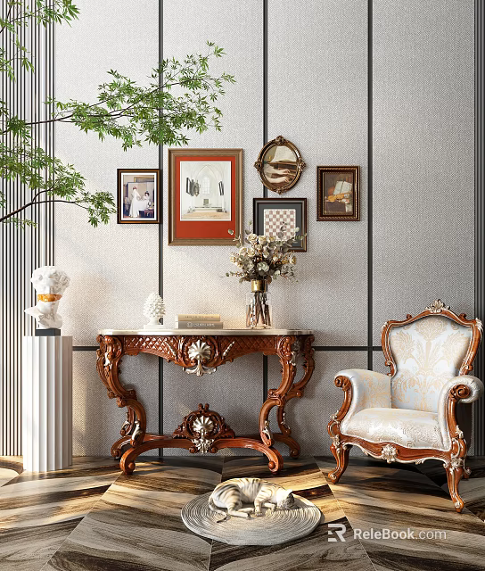 Elegant Console Table Side Cabinet With Framed Art Vase Green Plant And Armchair 3d model 