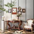Elegant Console Table Side Cabinet With Framed Art Vase Green Plant And Armchair