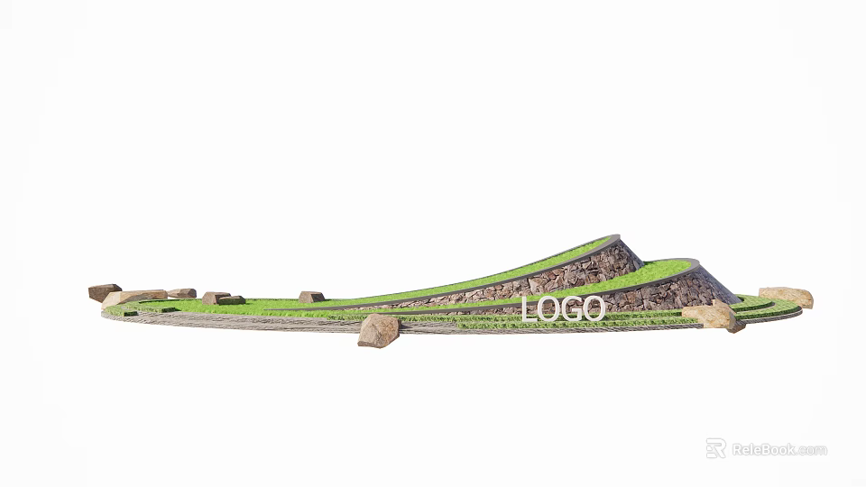 Modern Landscape Feature Wall Design With Natural Stones Grass And LOGO 3d model 