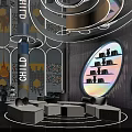 Modern Sales Office Interior With Spiral Ceiling Circular Windows Bookshelves And Sofas