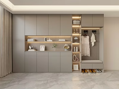 Modern Gray Shoe Cabinet With Storage Space Display Shelves And Clothing Hanger Bench 3d model