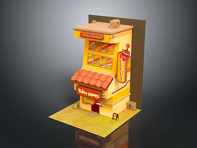Two Story Coffee Shop Building Model With Yellow Exterior Red Tiled Roof And Signboard 3d model