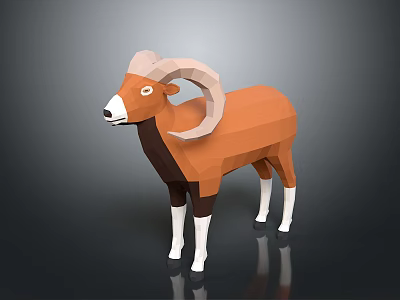 Low Poly Ram With Curved Horns Orange Body Light Brown Head White Dark Brown Legs 3d model