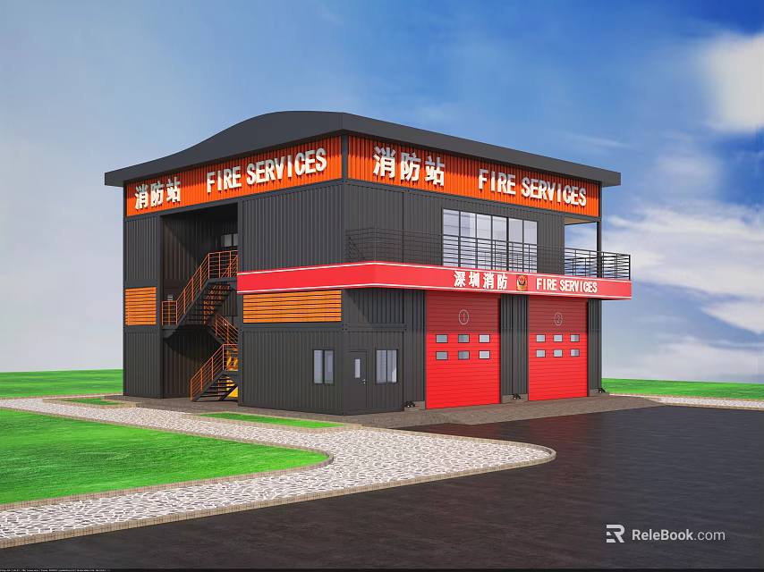 Modern Black and Red Fire Station Building with Fire Services Sign Green Lawn and Road 3d model 