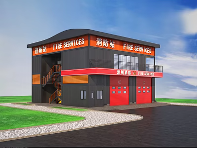 Modern Black and Red Fire Station Building with Fire Services Sign Green Lawn and Road 3d model