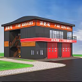Modern Black and Red Fire Station Building with Fire Services Sign Green Lawn and Road