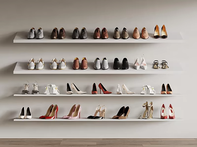 Various Stylish Shoes Arranged On White Multi Layer Shelves With Light Wall And Wooden Floor 3d model