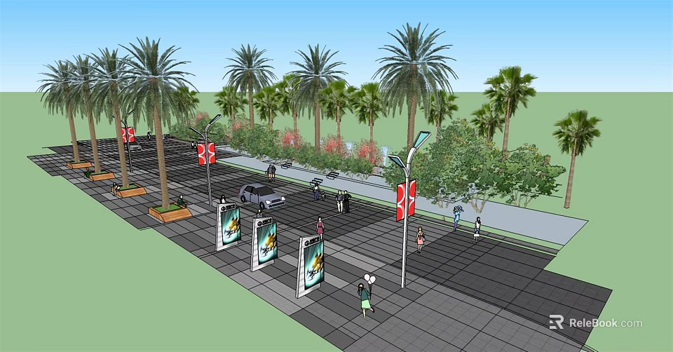 Municipal Road with Palm Trees Pedestrians Vehicles Street Lamps and Green Belts 3d model 