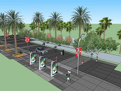 Municipal Road with Palm Trees Pedestrians Vehicles Street Lamps and Green Belts 3d model