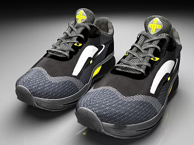 Gray And Black Athletic Sneakers Featuring Yellow Logo White Stripes And Knit Upper 3d model