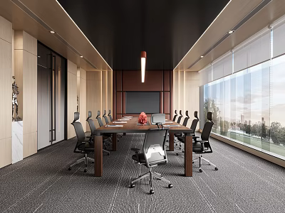 Modern Conference Room With Long Table Ergonomic Chairs Large Windows Dark Ceiling And Pendant Light 3d model
