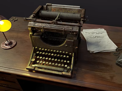 Vintage Wooden Desk Setup With Classic Typewriter And Modern Digital Gadgets 3d model