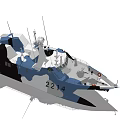 Blue And White Camouflage Catamaran Warship With Radar Systems Antennas And Deck Equipment