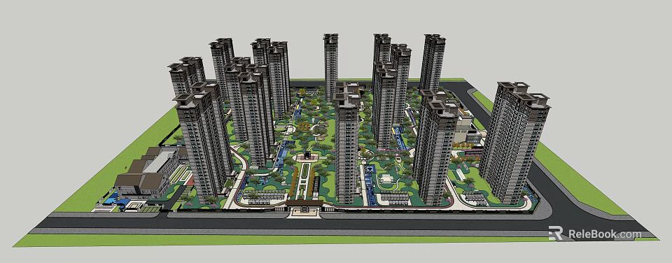 Modern High Rise Residential Complex With Central Green Spaces And Gardens 3d model 