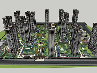 Modern High Rise Residential Complex With Central Green Spaces And Gardens 3d model