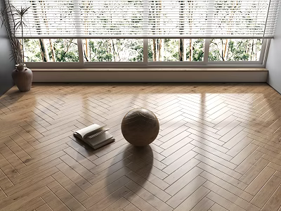 Herringbone Wooden Flooring In Bright Room With Windows And Decor 3d model