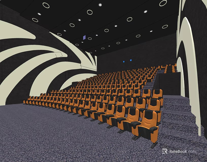 Modern Cinema Interior With Comfortable Seats Curved Walls And Round Ceiling Lights 3d model 